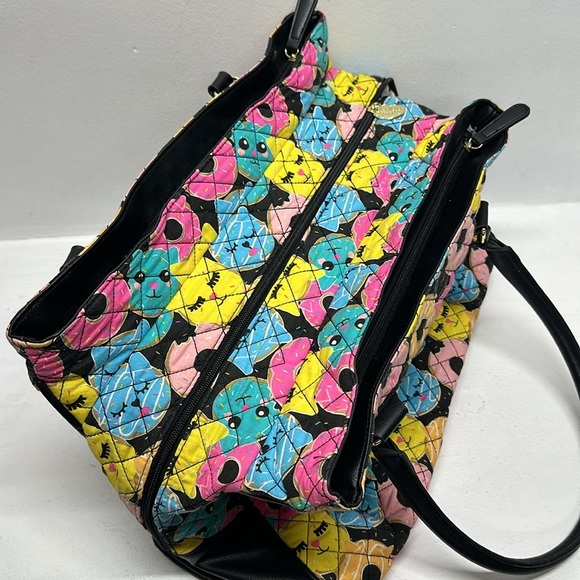 Luv Betsey Johnson Weekender Tote Bag Large Quilted Donuts Kitty Cats Black - Picture 6 of 11